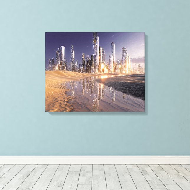 Futuristic Sci-Fi City Reflected In Desert Sands Canvas Print (Insitu(Wood Floor))