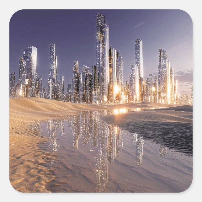 Futuristic Sci-Fi City Reflected In Desert Sands Square Sticker (Front)