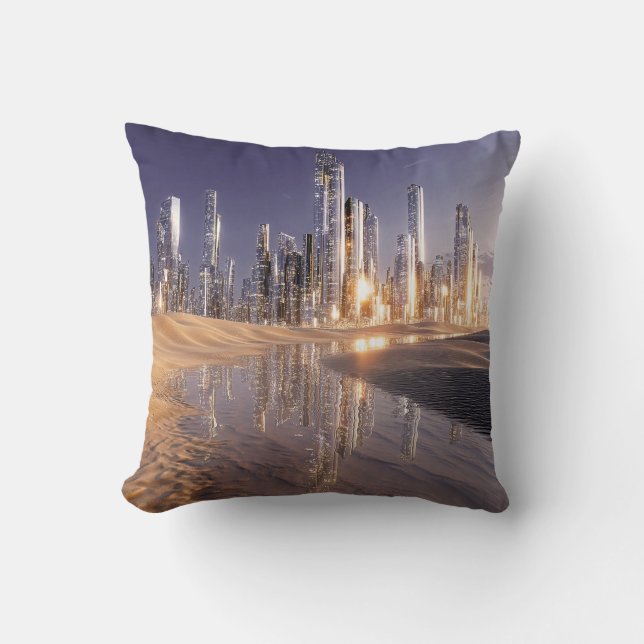 Futuristic Sci-Fi City Reflected In Desert Sands Throw Pillow (Front)