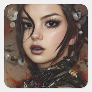 Futuristic Sci Fi Cyber Goth Girl Inkspot Portrait Square Sticker