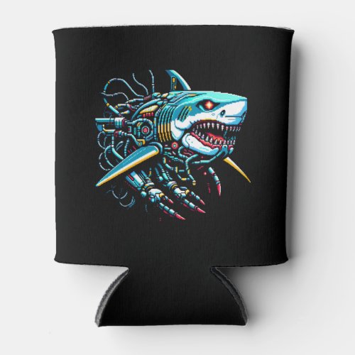 Futuristic Shark Pixel Art Cybernetic Predator Can Cooler