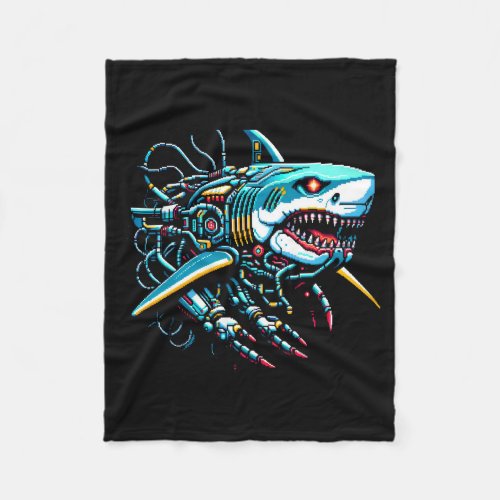 Futuristic Shark Pixel Art Cybernetic Predator Fleece Blanket