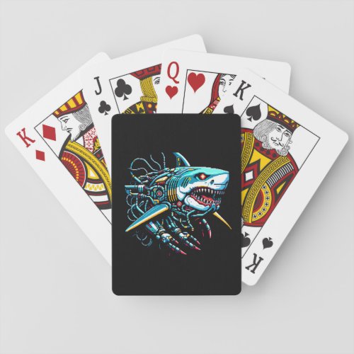 Futuristic Shark Pixel Art Cybernetic Predator Playing Cards