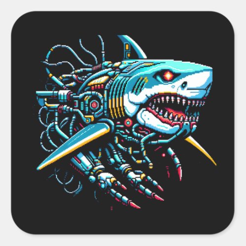 Futuristic Shark Pixel Art Cybernetic Predator Square Sticker