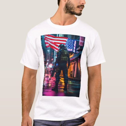 futuristic soldier American flag picture mans  T_Shirt