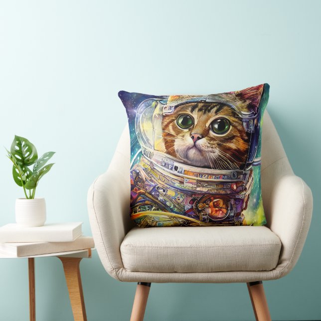 Futuristic Space Cat Throw Pillow (Chair)