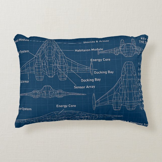 "Futuristic Spacecraft Blueprint Art" Accent Pillow (Front)