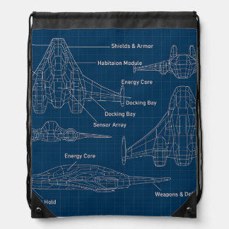 "Futuristic Spacecraft Blueprint Art" Drawstring Bag