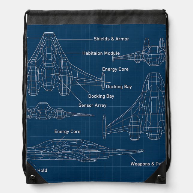 "Futuristic Spacecraft Blueprint Art" Drawstring Bag (Front)