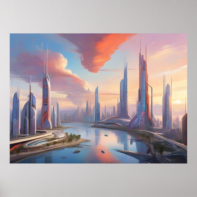 Futuristic Sunset: Vibrant Technological Cityscape Poster (Front)