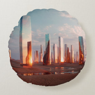 Futuristic Surreal Mirror Towers In Desert Round Pillow