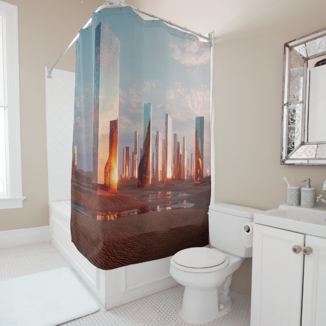 Futuristic Surreal Mirror Towers In Desert Shower Curtain (In Situ)