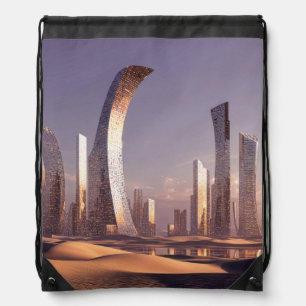 Futuristic Surreal Skyscrapers In Desert Landscape Drawstring Bag