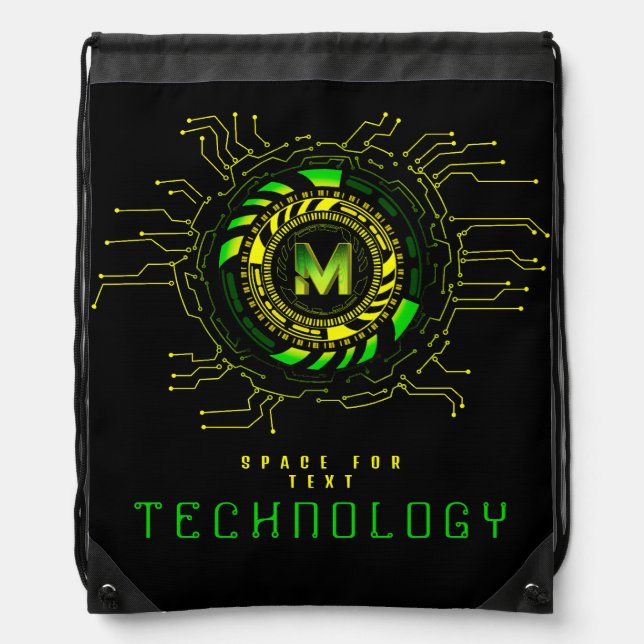Futuristic Technology Circuit Monogram Letter M Drawstring Bag (Front)