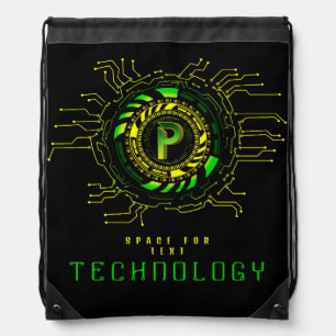 Futuristic Technology Circuit Monogram Letter P Drawstring Bag