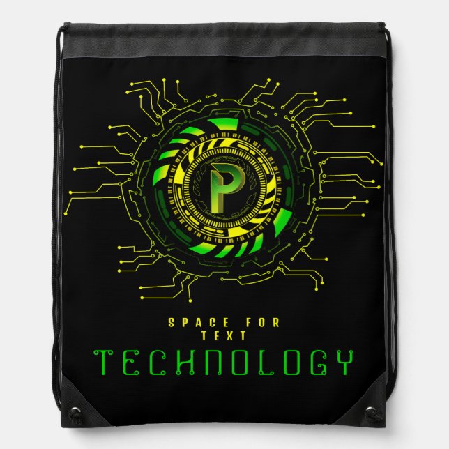 Futuristic Technology Circuit Monogram Letter P Drawstring Bag (Front)