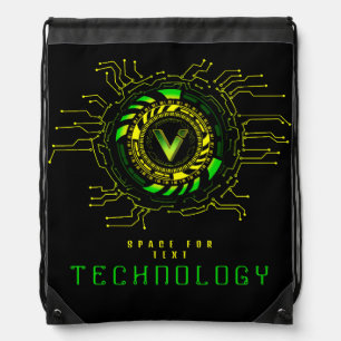 Futuristic Technology Circuit Monogram Letter V Drawstring Bag
