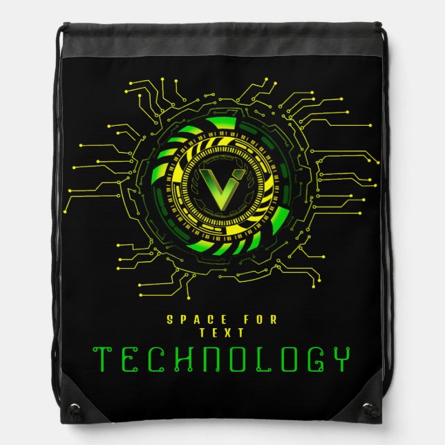 Futuristic Technology Circuit Monogram Letter V Drawstring Bag (Front)
