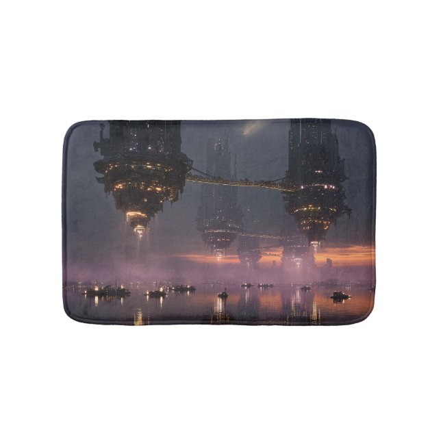 Futuristic towers floating above harbor bath mat (Front)