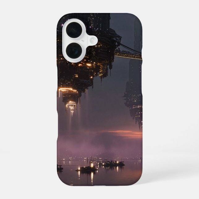 Futuristic towers floating above harbor iPhone case (Back)