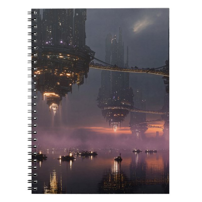 Futuristic towers floating above harbor notebook (Front)