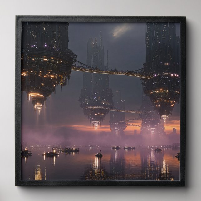Futuristic towers floating above harbor peel and stick photo tile (Front Set)