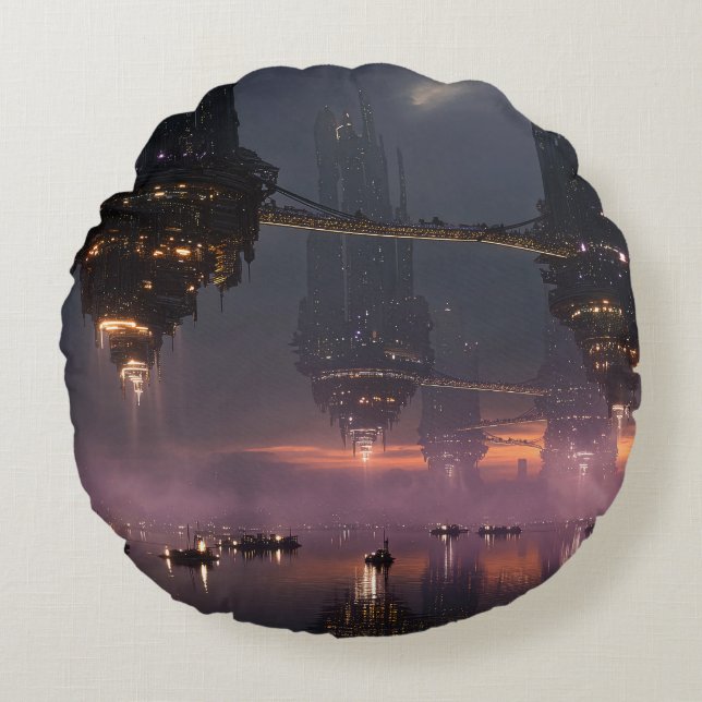 Futuristic towers floating above harbor round pillow (Front)