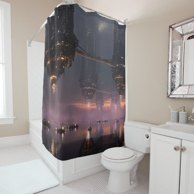 Futuristic towers floating above harbor shower curtain (In Situ)