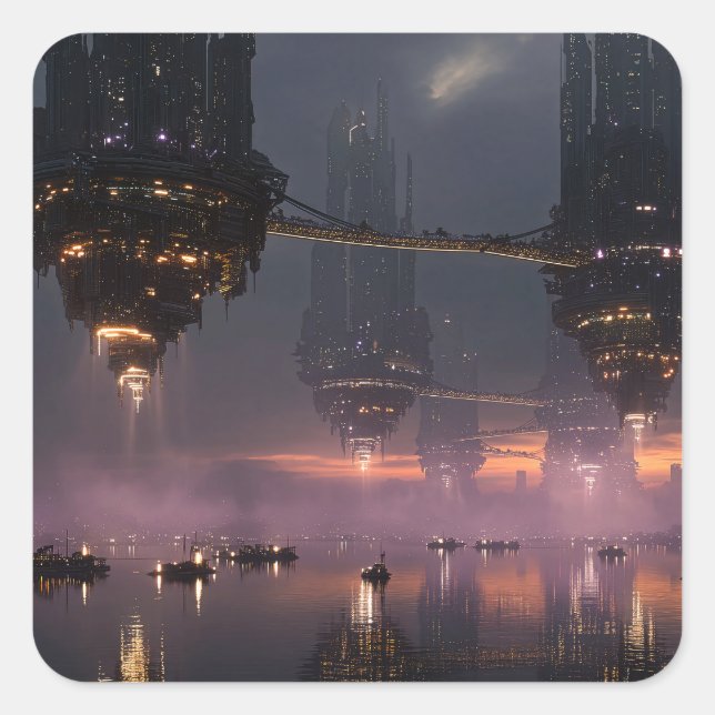 Futuristic towers floating above harbor square sticker (Front)