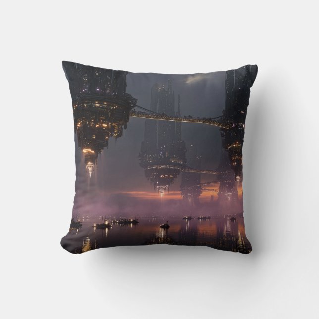 Futuristic towers floating above harbor throw pillow (Front)