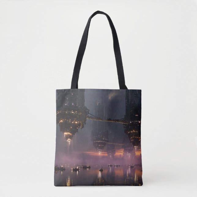 Futuristic towers floating above harbor tote bag (Front)