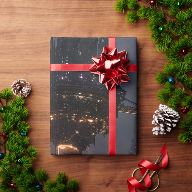 Futuristic towers floating above harbor wrapping paper (Holiday Gift)
