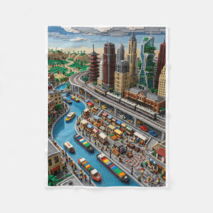 Futuristic Urban Street River And Train Cityscape Fleece Blanket
