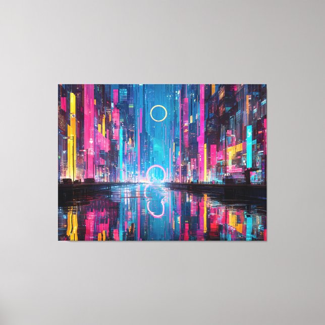 Futuristic Vibrant Neon Night Cityscape Canvas Print (Front)