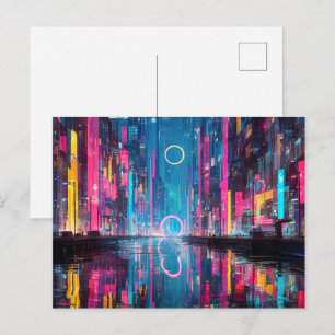 Futuristic Vibrant Neon Night Cityscape Postcard