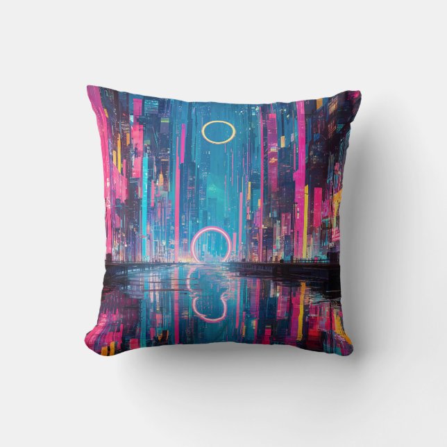 Futuristic Vibrant Neon Night Cityscape Throw Pillow (Front)