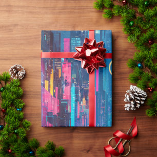 Futuristic Vibrant Neon Night Cityscape Wrapping Paper