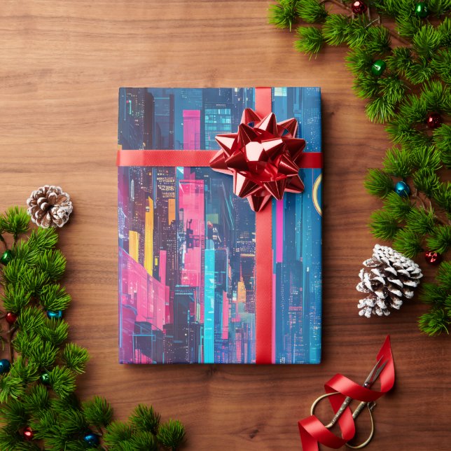 Futuristic Vibrant Neon Night Cityscape Wrapping Paper (Holiday Gift)
