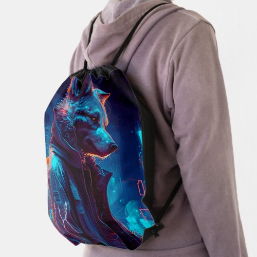 Futuristic Wolf Drawstring Bag