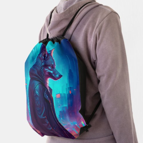Futuristic Wolf Drawstring Bag