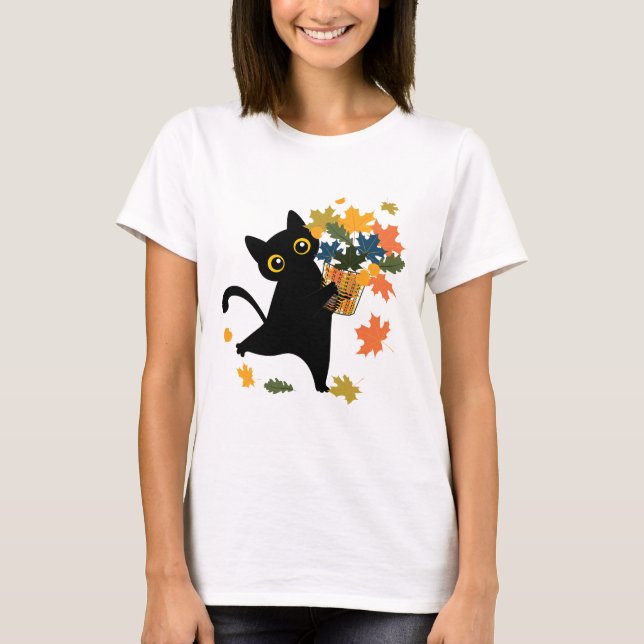 fuuny black Cat Leaf Fall Hello Autumn T-Shirt (Front)