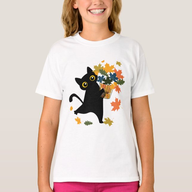 fuuny black Cat Leaf Fall Hello Autumn T-Shirt (Front)