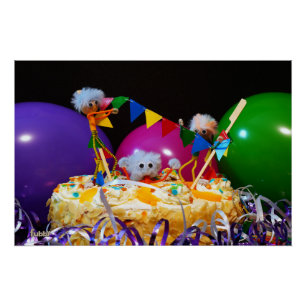 Fuzzy adventure in party mood with cake. poster