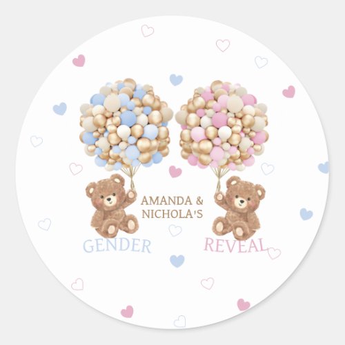 Fuzzy Bears Hearts  Balloons Gender Reveal Classic Round Sticker