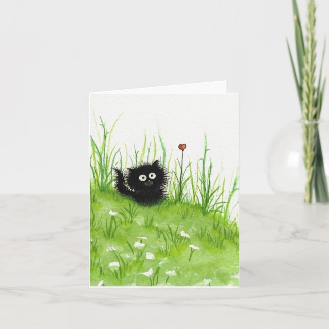 Fuzzy Black Cat by Bihrle Blank Card (Front)