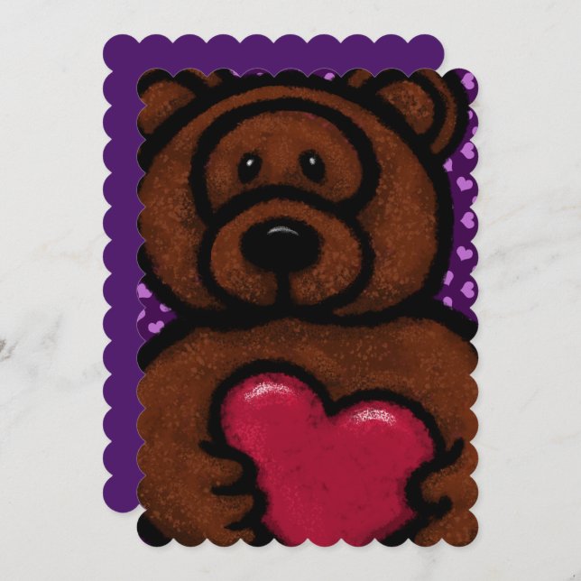 Fuzzy Brown Bear Holding Heart Valentine  (Front/Back)