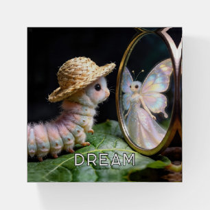 Fuzzy Caterpillar Gazing at a Fairy Butterfly Paperweight