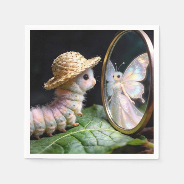 Fuzzy Caterpillar Staring at a Fairy Butterfly Napkins (Front)