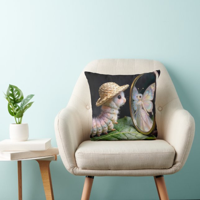 Fuzzy Caterpillar Staring at a Fairy Butterfly Throw Pillow (Chair)