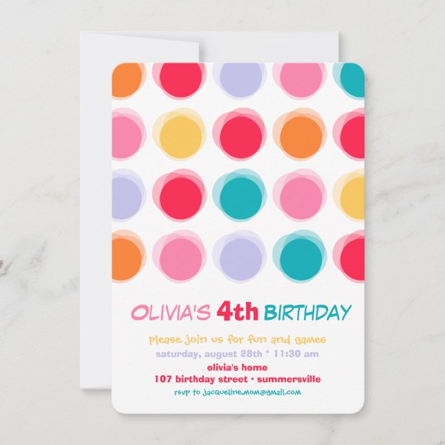 Fuzzy Colorful Cute Dots Kids Girl Birthday Invite (Front)